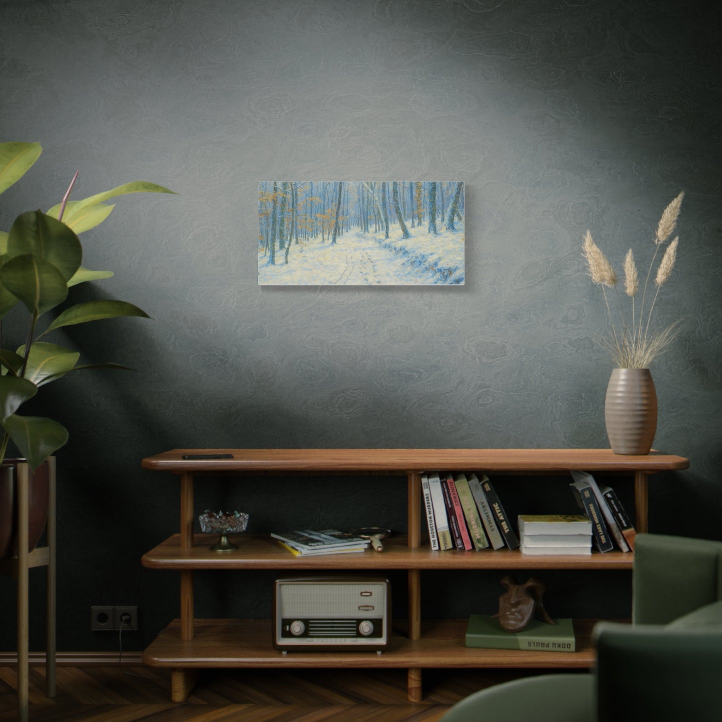 Winter Woodland Canvas Print featuring a snowy forest scene, matte stretched wall art by Printify.