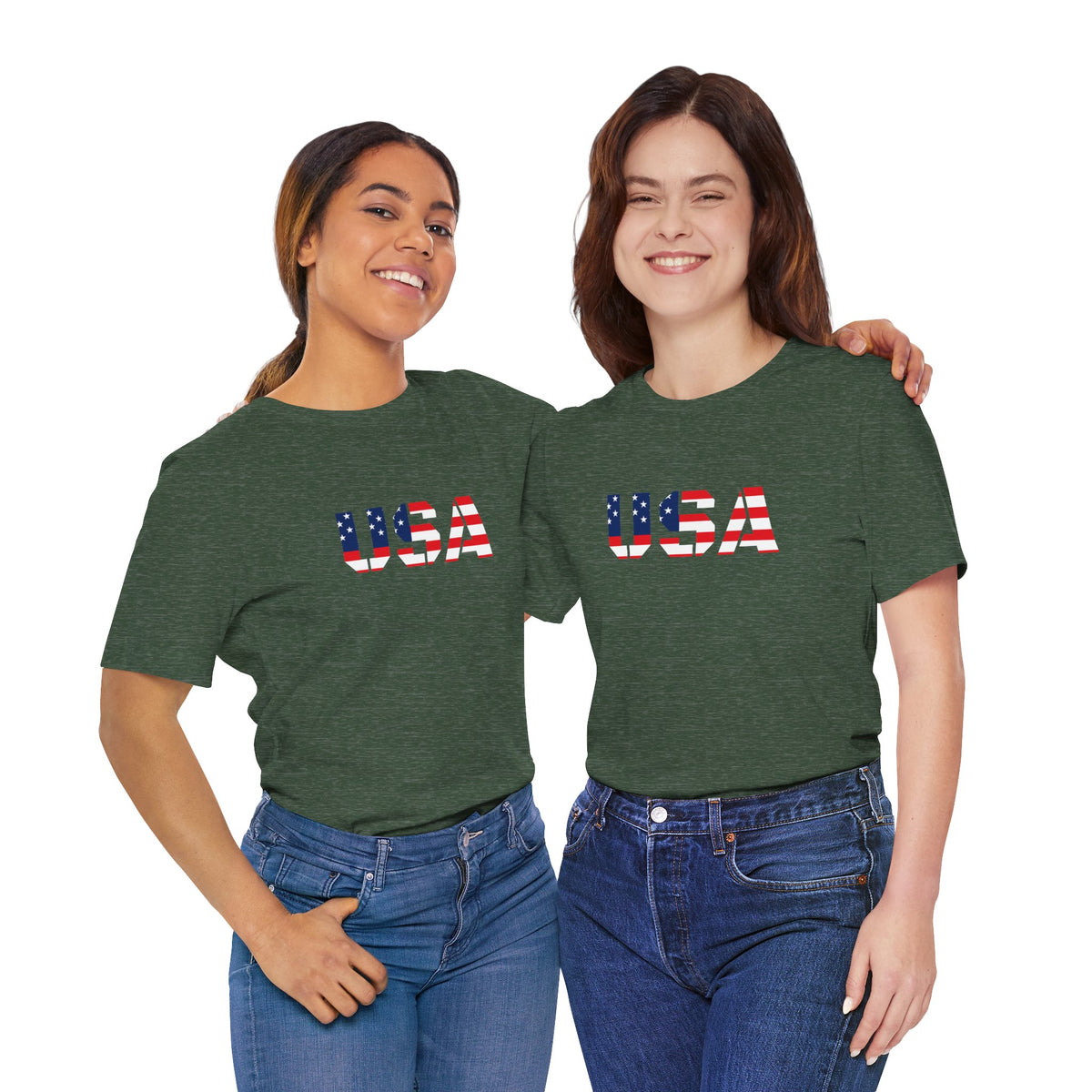 American flag T-shirt by Printify featuring patriotic USA flag design, perfect for Fourth of July celebrations.