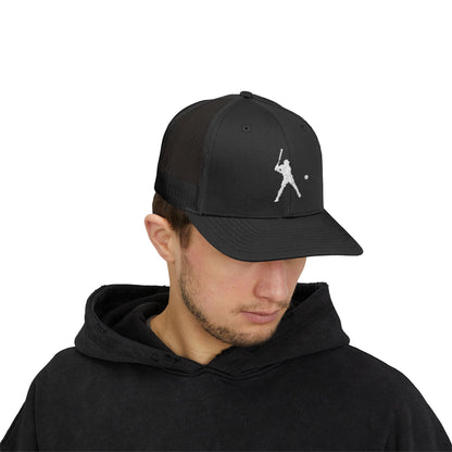 Vintage baseball snapback trucker cap with batter silhouette design, stylish and casual hat by Printify.