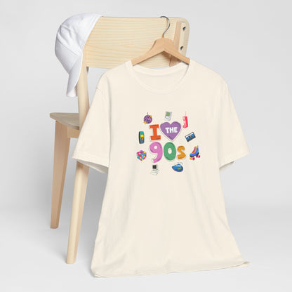 I  Love the 90's Short Sleeve Tee - Retro Graphic Tee, Vintage Style Shirt, Perfect for Casual Outings, 90s Nostalgia Apparel