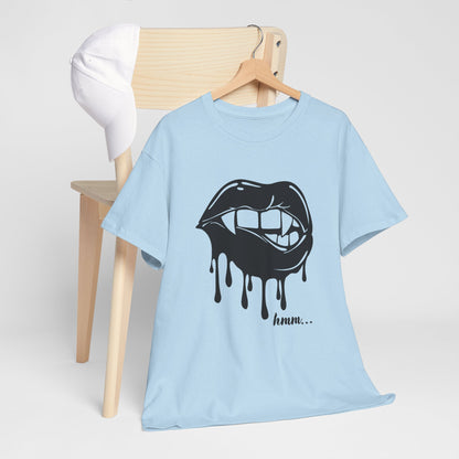Graphic T-shirt featuring dripping lips with "hmm..." bite design in vibrant colors, by Printify, displayed on a plain background.