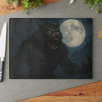 Glass Cutting Board — Howling Werewolf Moon Night Illustration