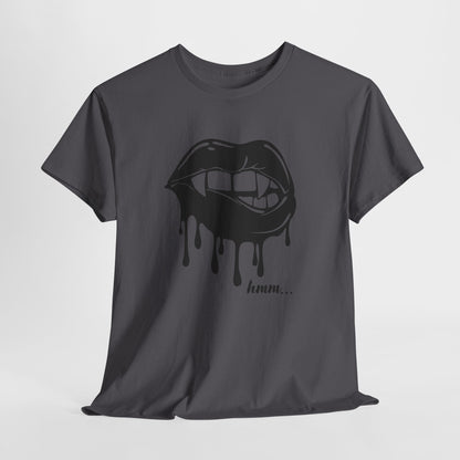 Graphic T-shirt featuring a dripping lips 'hmm...' bite design in black and red print on soft cotton fabric.