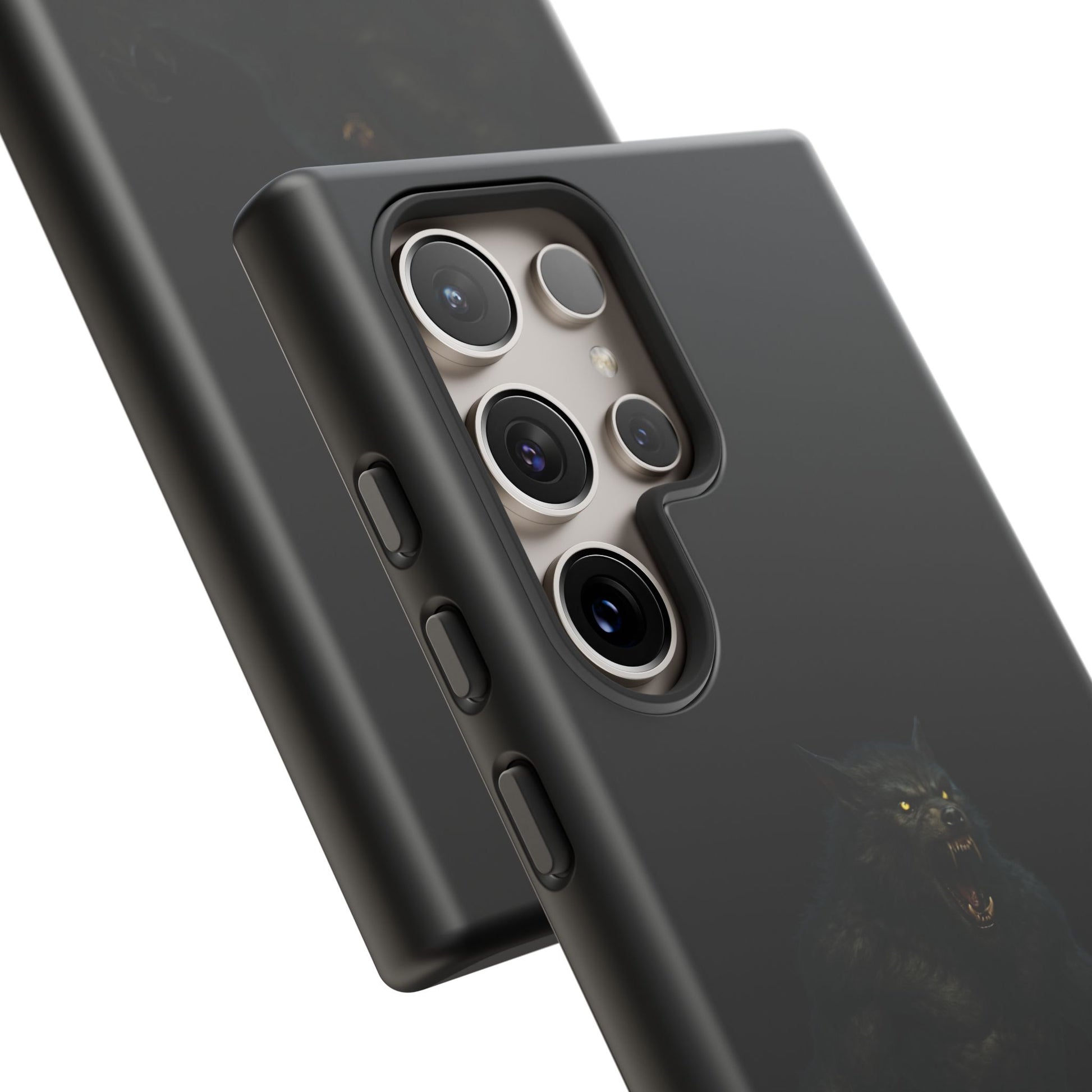 Werewolf phone case with dark monster graphic, tough protective design, compatible with smartphones.