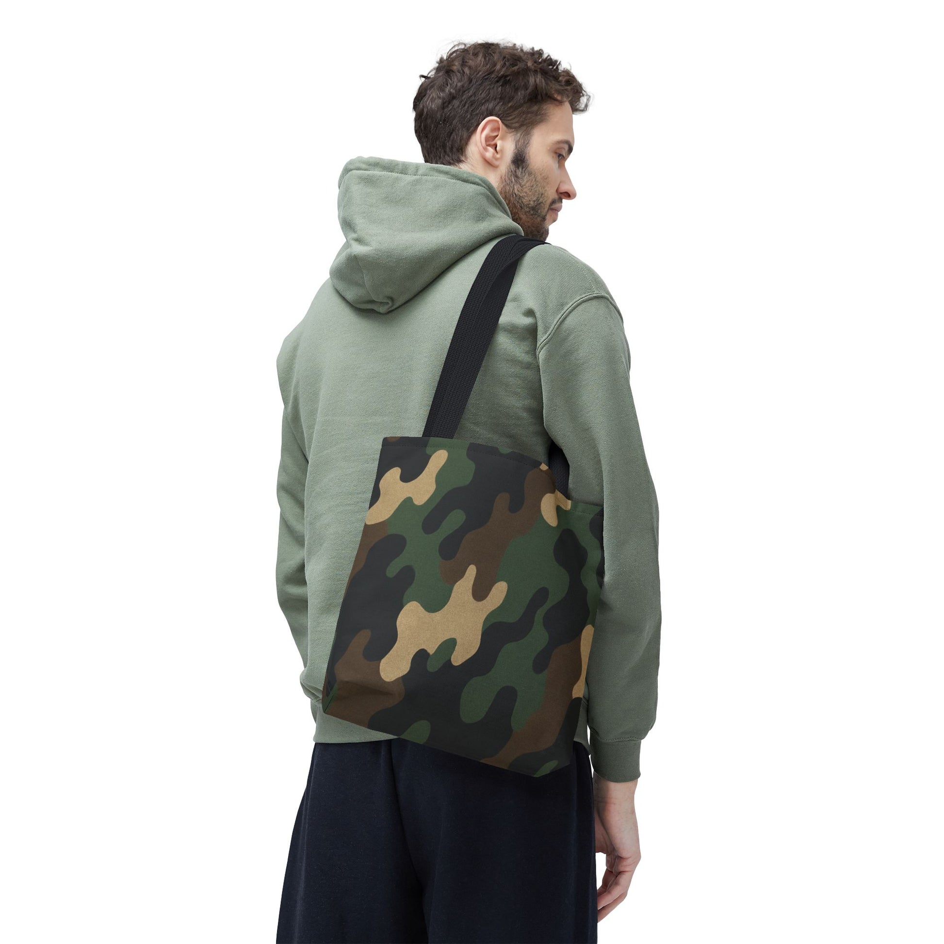 Camo pattern tote bag by Printify featuring an all-over camouflage print on durable canvas material.