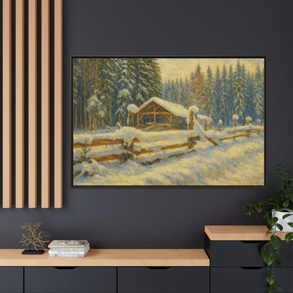 Snowy cabin winter landscape canvas wall art by Printify, featuring a cozy cabin scene with snow-covered trees and mountains.