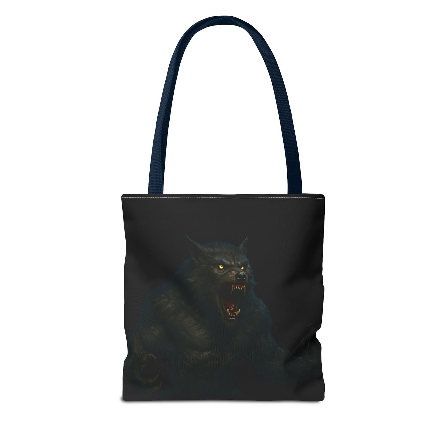 Werewolf tote bag with dark Halloween art, featuring horror-themed design, perfect gift for horror fans, by Printify.