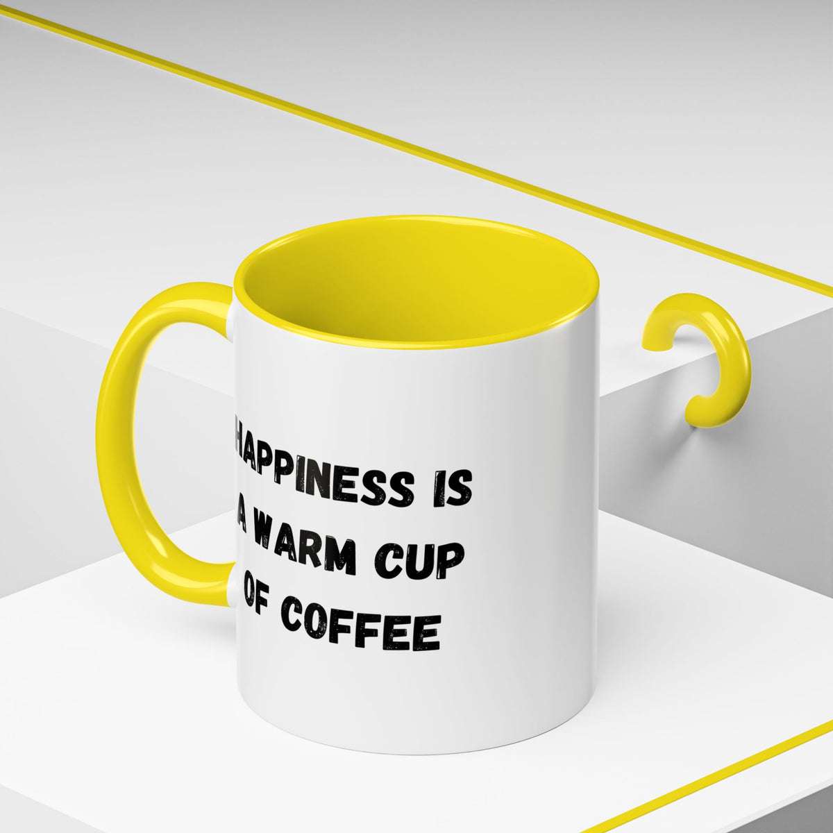 Ceramic coffee mug with "Happiness Is A Warm Cup Of Coffee" printed in black text, white background, handle on the side.