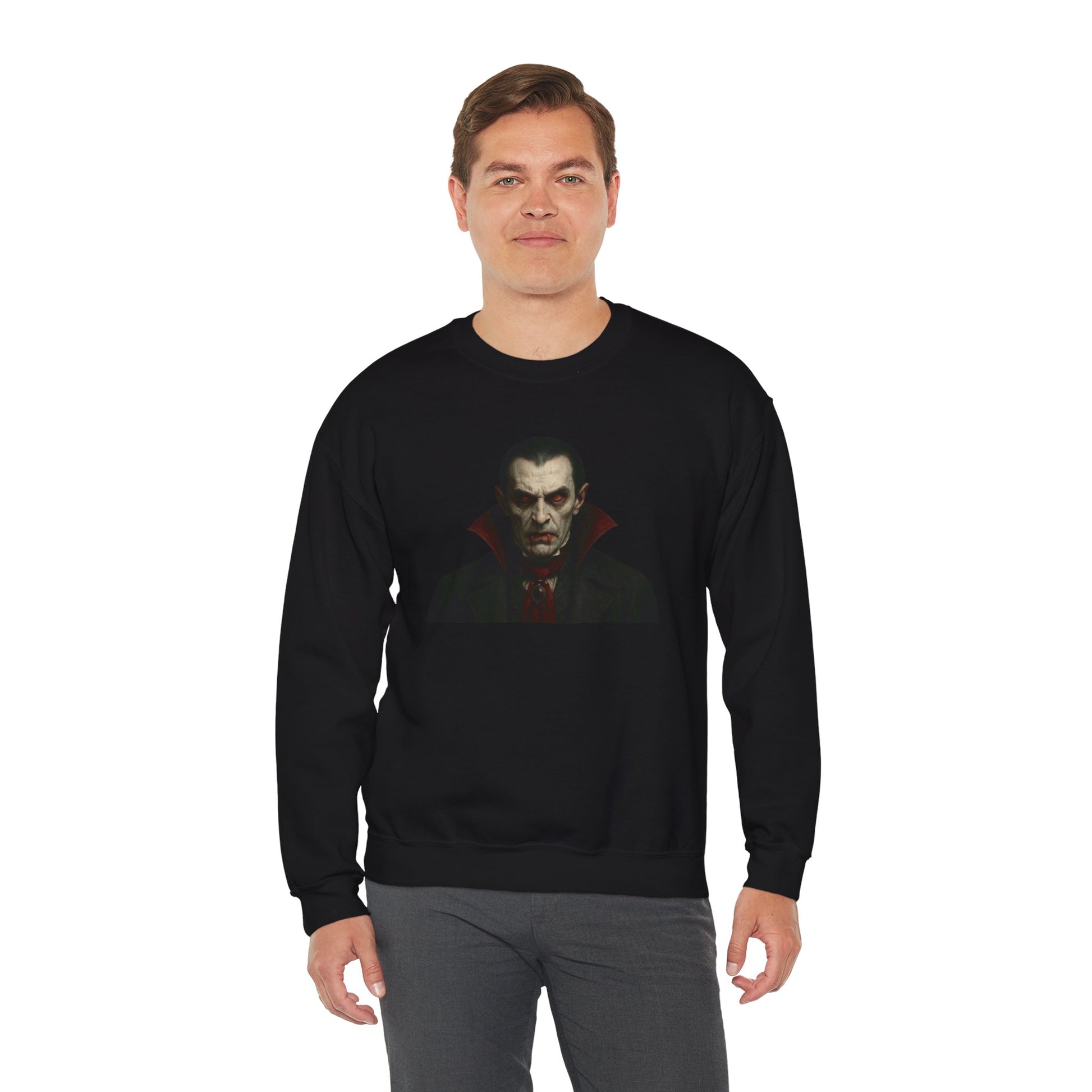 Vampire portrait crewneck sweatshirt by Printify featuring a detailed vampire illustration on a comfortable fabric.