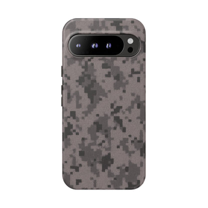 Gray digital camouflage phone case by Printify, tough protective cover with camouflage pattern for smartphones.