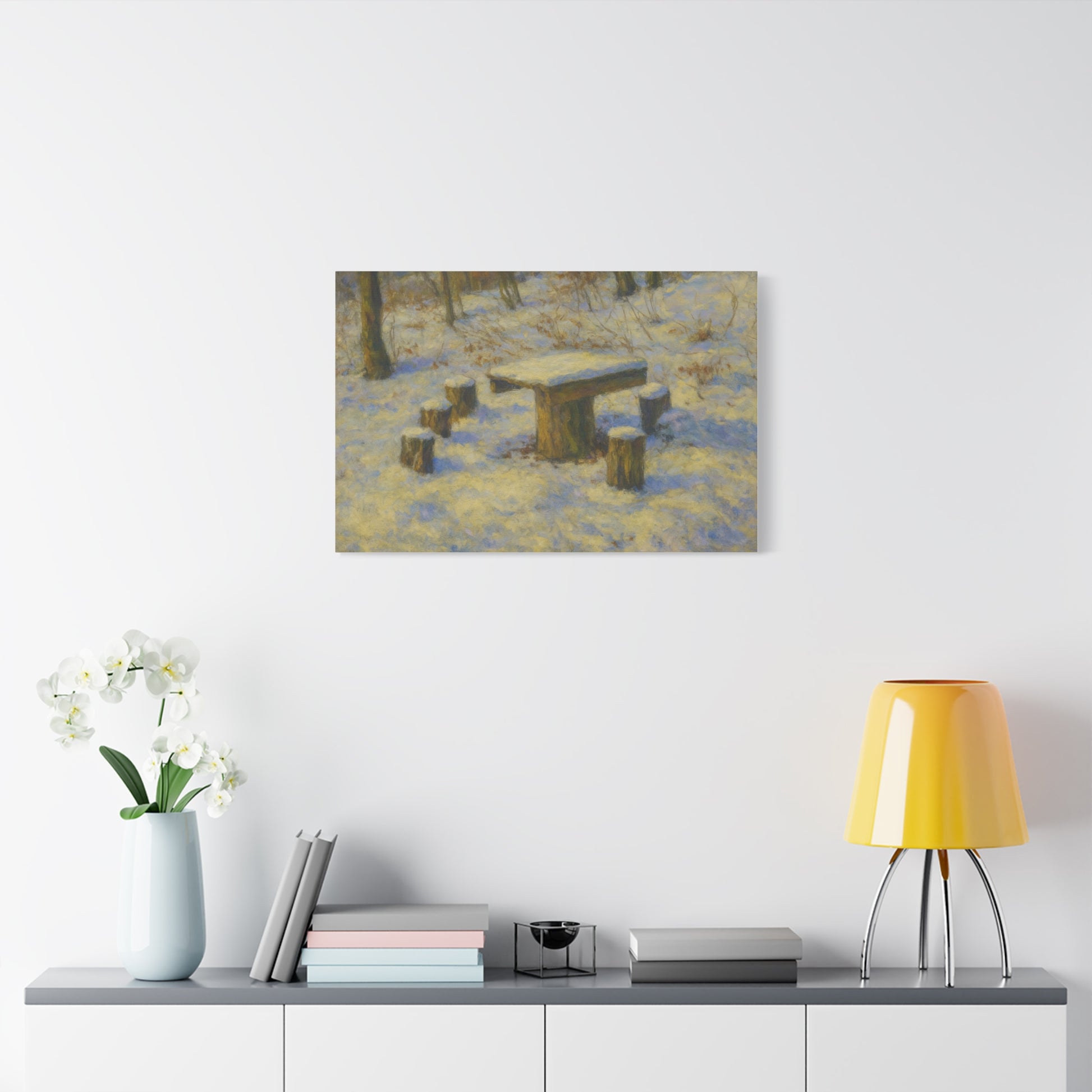 Winter landscape canvas wall art depicting a snowy forest scene with trees, printed by Printify on a matte stretched canvas.