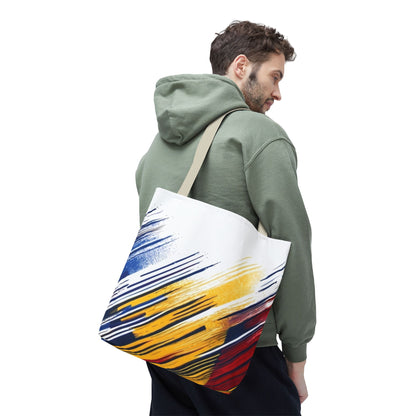 Abstract Brushstroke Tote Bag - Bold Red, Yellow & Blue All-Over Print