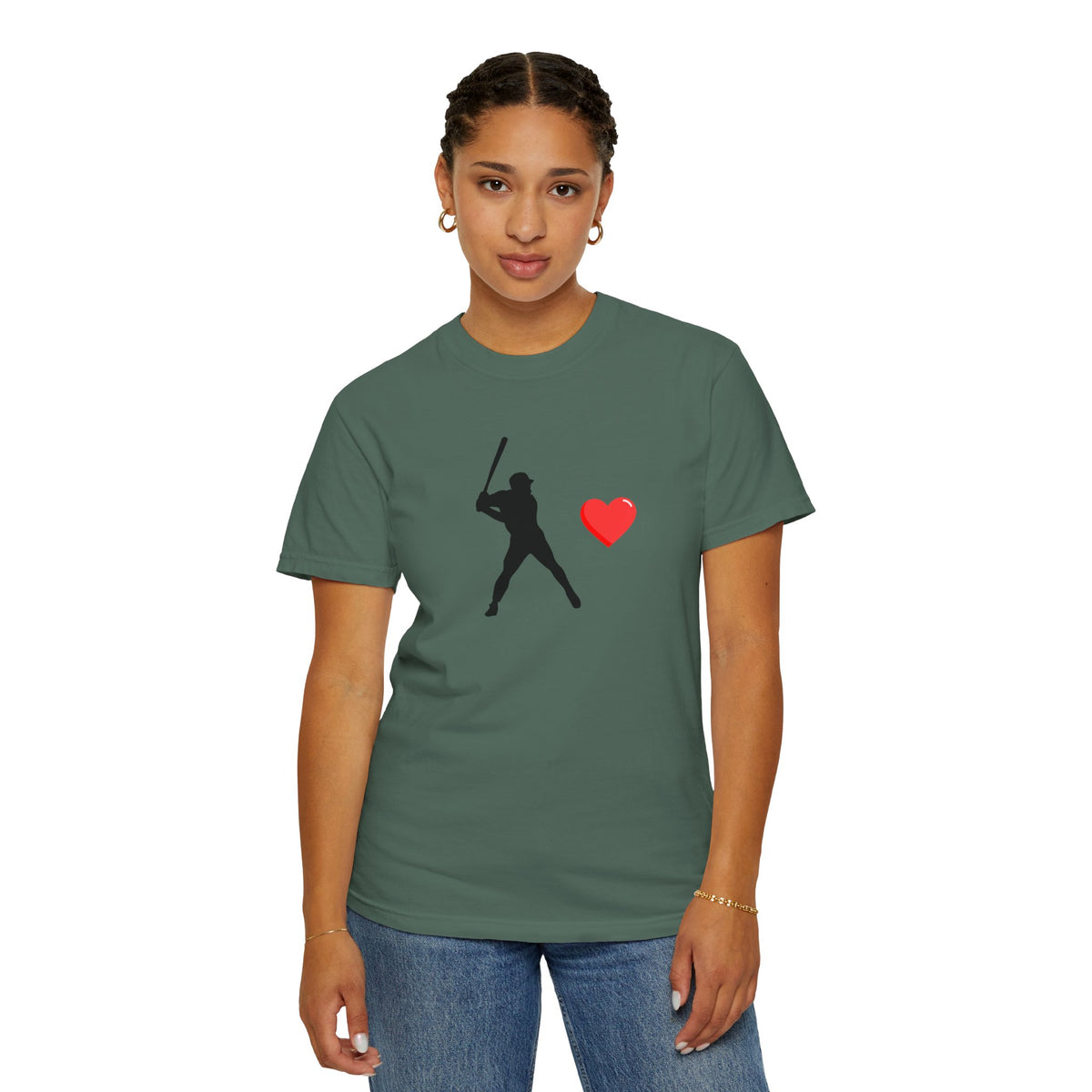 White baseball batter heart T-shirt from Printify featuring a graphic of a batter with a heart design, casual and stylish.