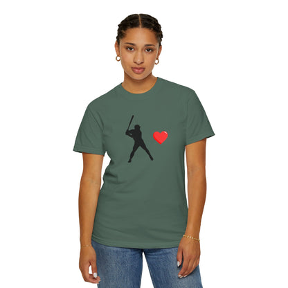 White baseball batter heart T-shirt from Printify featuring a graphic of a batter with a heart design, casual and stylish.