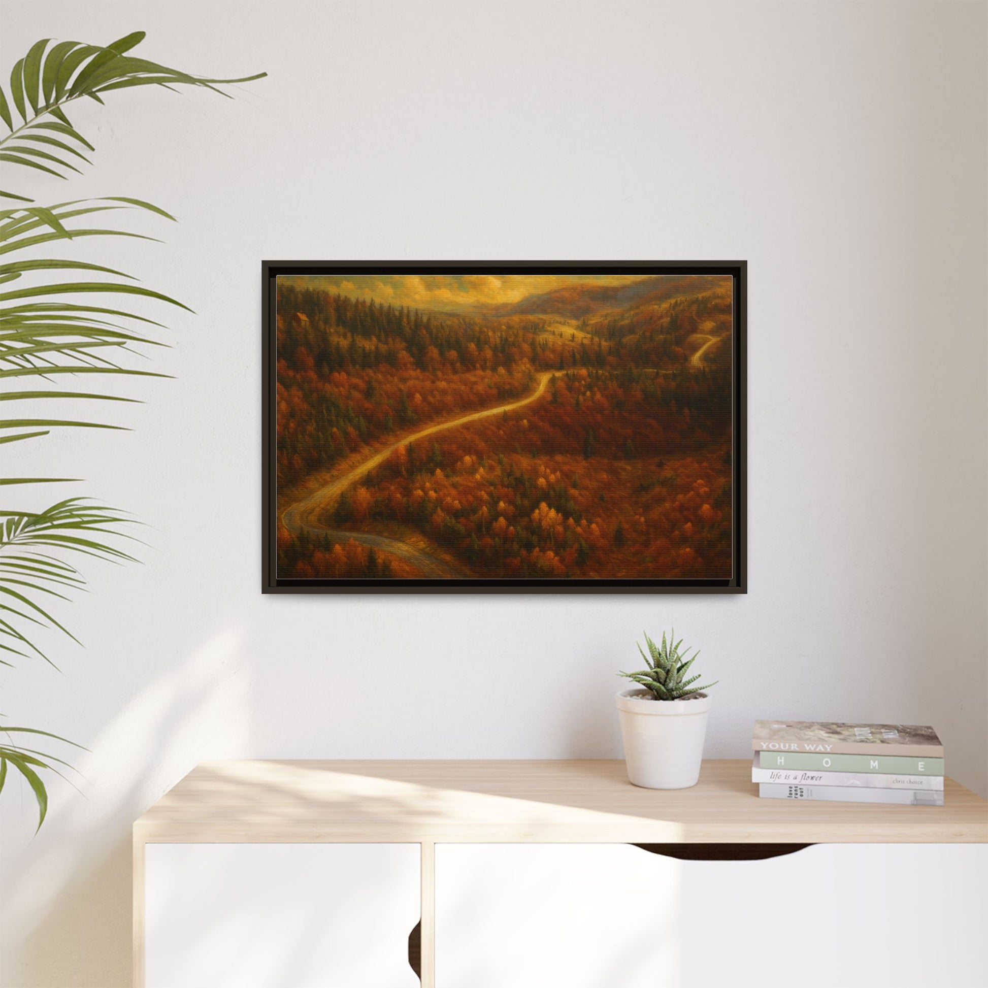 Framed matte canvas print of an autumn forest road landscape wall art by Printify, showcasing vibrant fall trees and scenic nature view.