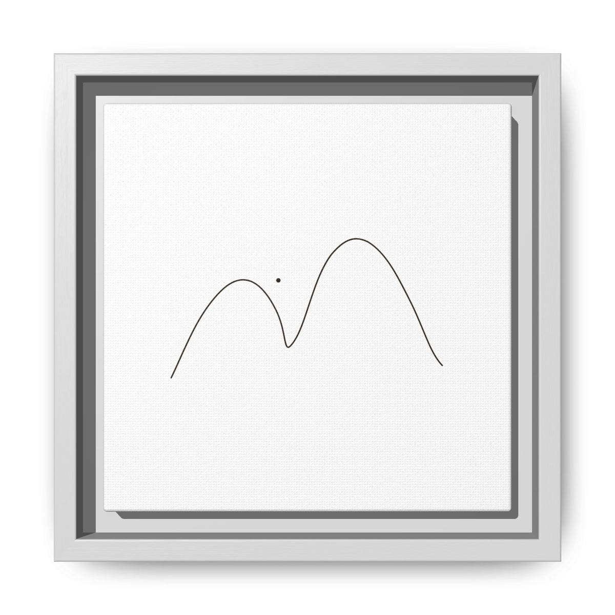 Framed minimalist mountain line art on matte canvas by Printify, showcasing simple black mountain outlines on a white background.
