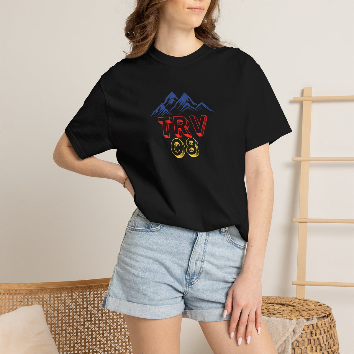 Unisex garment-dyed T-shirt with TRV08 Logo print on front, made by Printify, shown on a flat surface.