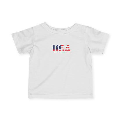 Infant baby shirt with USA flag block print, casual kids clothing from Printify featuring patriotic design.