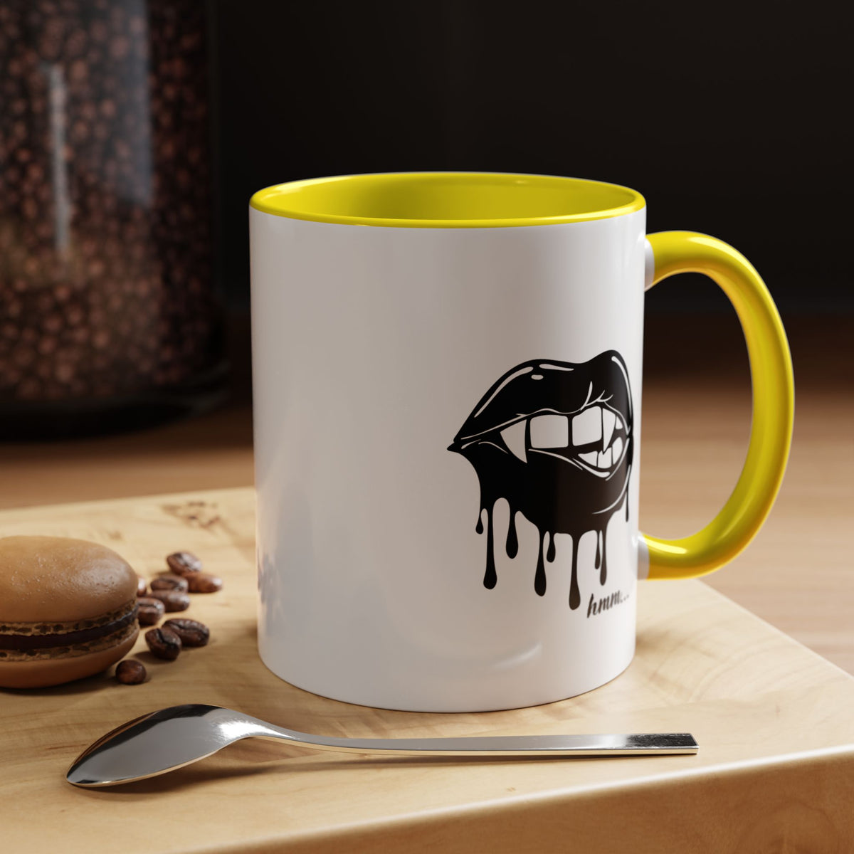 Black Dripping Bite coffee mug by Printify, 11oz or 15oz size, featuring a dripping bite design on ceramic mug.