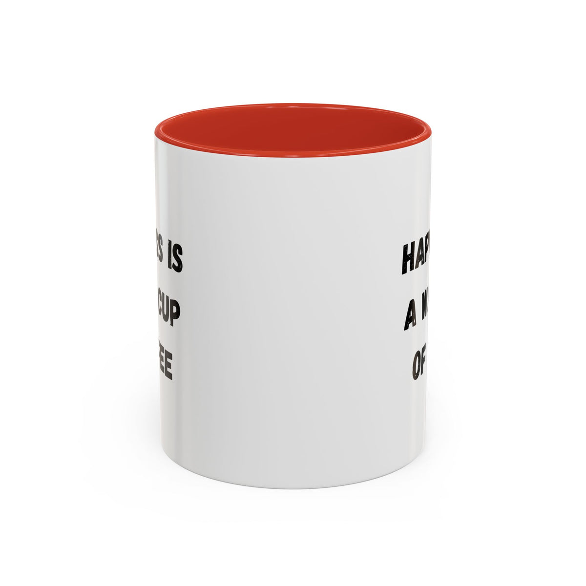 Ceramic coffee mug with "Happiness Is A Warm Cup Of Coffee" quote, printed by Printify, featuring a warm tone design.