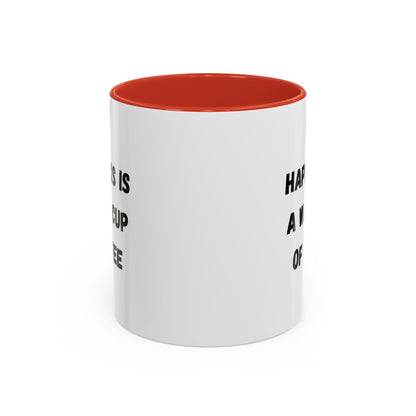 Ceramic coffee mug with "Happiness Is A Warm Cup Of Coffee" quote, printed by Printify, featuring a warm tone design.