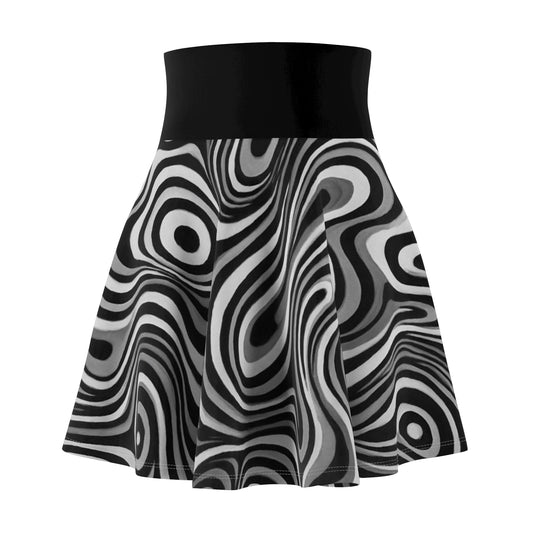 Black and white swirl skater skirt with retro print, perfect for parties and festivals, by Printify.