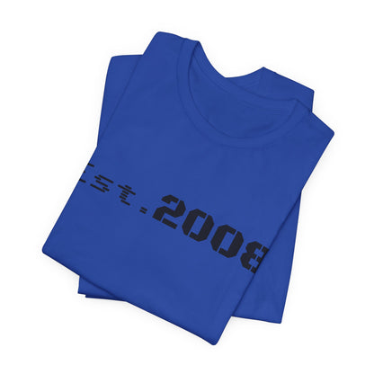Black printed T-shirt from Printify featuring "Established 2008" minimal graphic design on the front.