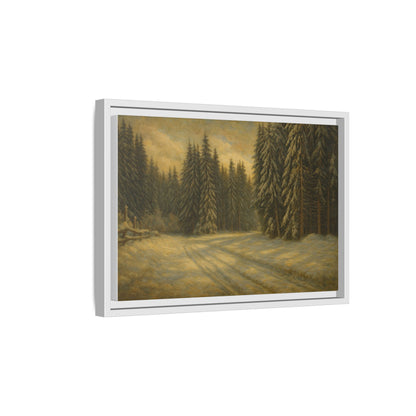 Framed matte canvas wall art featuring a winter forest landscape, showcasing snowy trees and a serene forest scene.