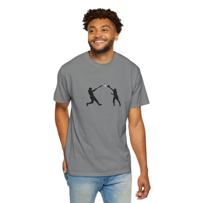 Black baseball silhouette graphic T-shirt by Printify showcasing a minimal baseball player design on the front.