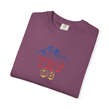 Unisex garment-dyed T-shirt with printed TRV08 logo, casual cotton tee from Printify, shown in a natural relaxed fit style.