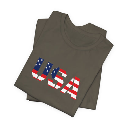 USA flag text T-shirt by Printify featuring patriotic red, white, and blue design for Fourth of July celebrations.