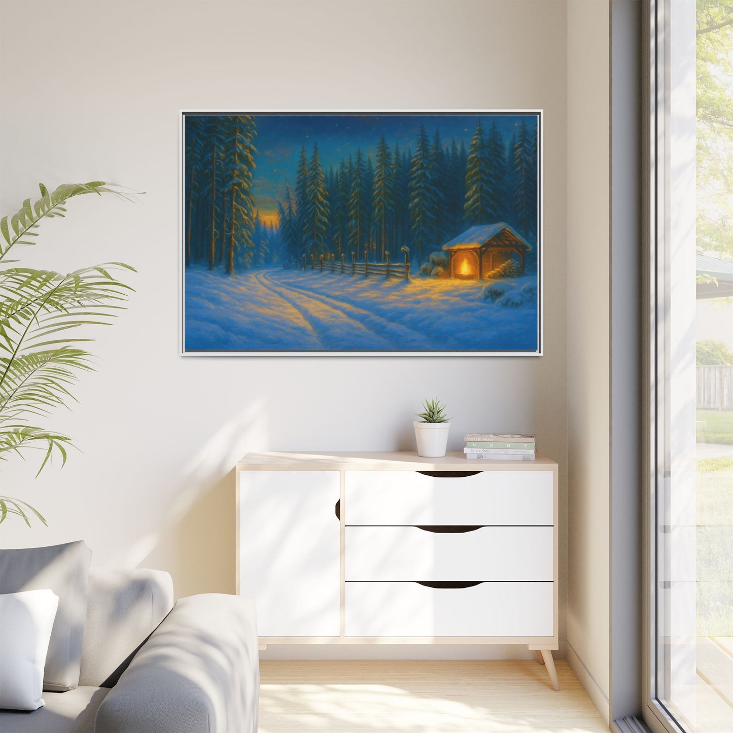Winter cabin canvas wall art by Printify showing a cozy snowy forest scene in a matte framed print.