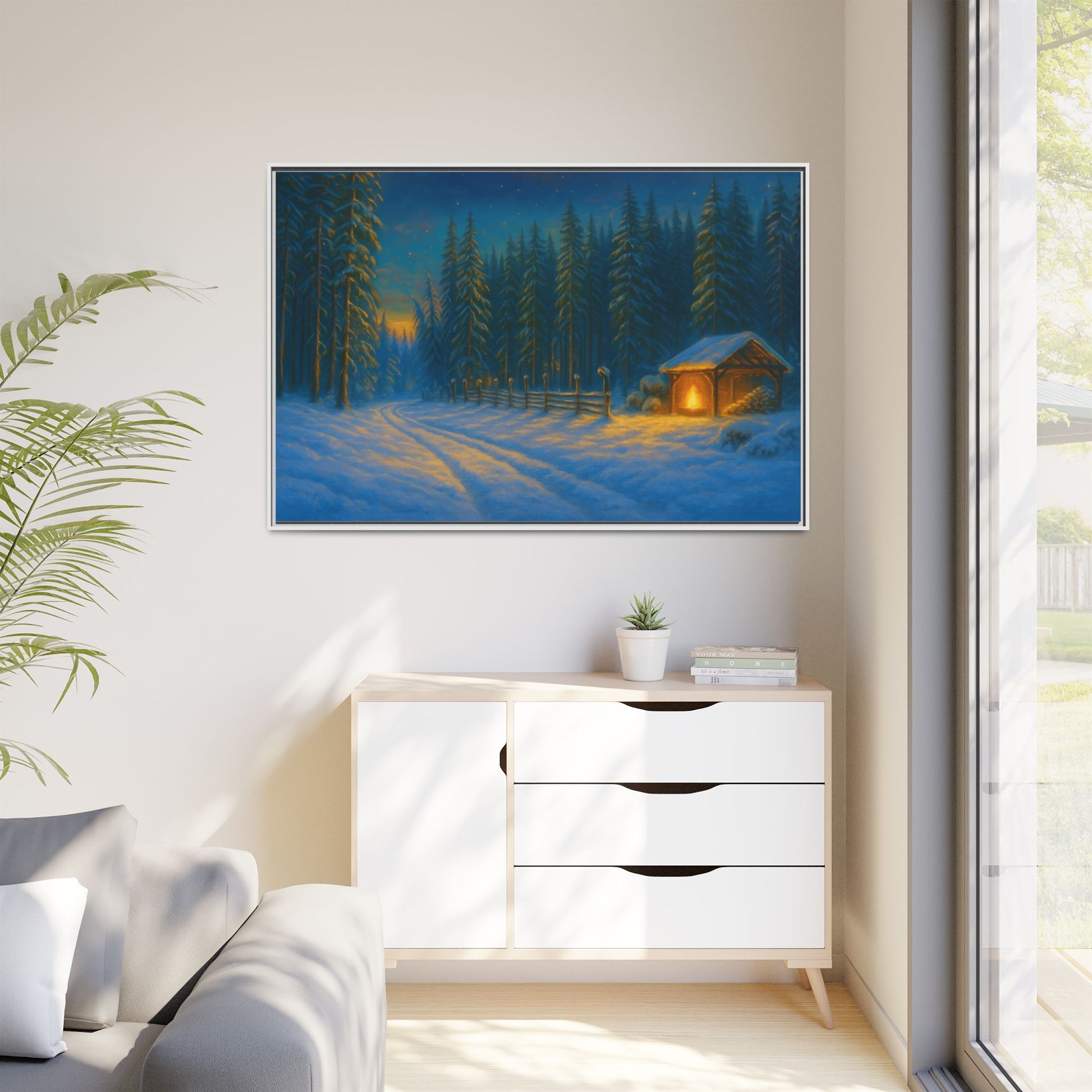 Winter cabin canvas wall art by Printify showing a cozy snowy forest scene in a matte framed print.