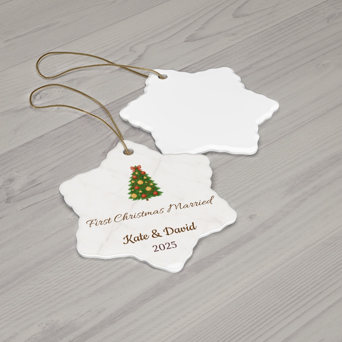 First Christmas married ceramic ornament with personalized names and year, decorated with festive holiday design.