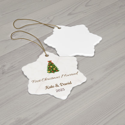 First Christmas married ceramic ornament with personalized names and year, decorated with festive holiday design.