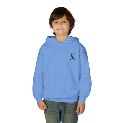 Kids baseball hoodie featuring a silhouette design, youth pullover sweatshirt made by Printify, ideal for young baseball fans.