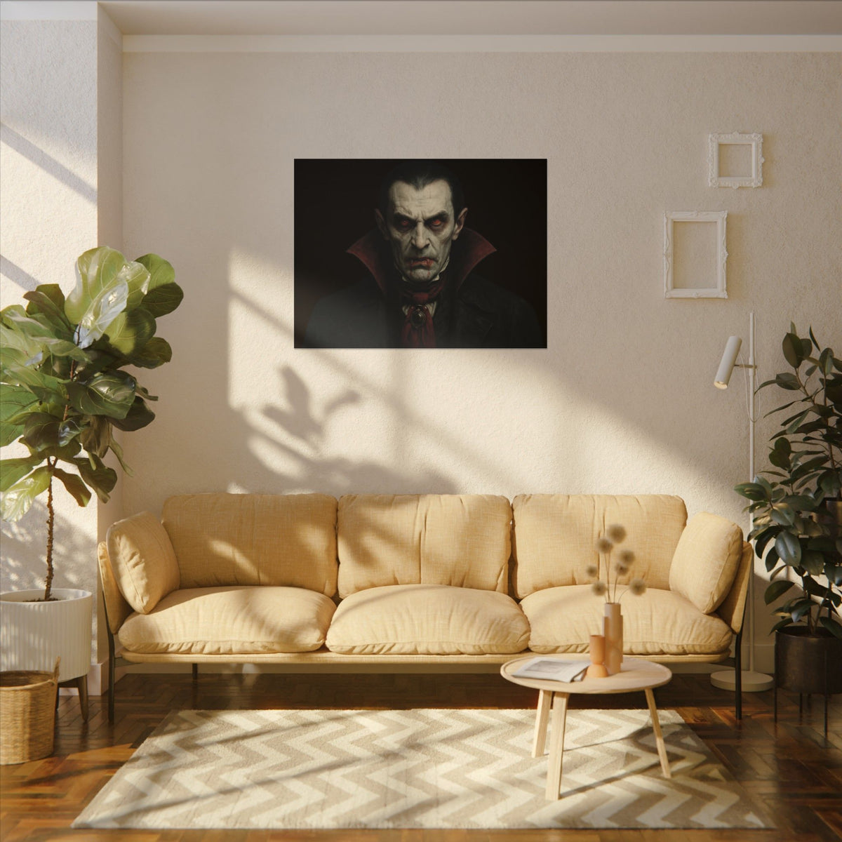Gothic vampire portrait canvas print featuring Dracula, matte stretched wall art in dark, moody tones.