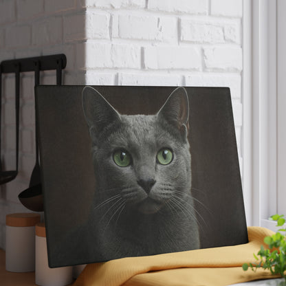 Russian Blue Cat Glass Cutting Board — Decorative Kitchen Cutting Board with Green-Eyed Cat Portrait