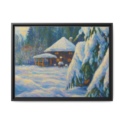 Framed matte canvas print of a snowy winter cabin landscape wall art by Printify, featuring a cozy cabin in a snow-covered forest.