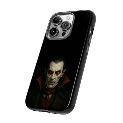Gothic vampire portrait phone case for iPhone, featuring a Dracula horror design by Printify with dark, eerie artwork.