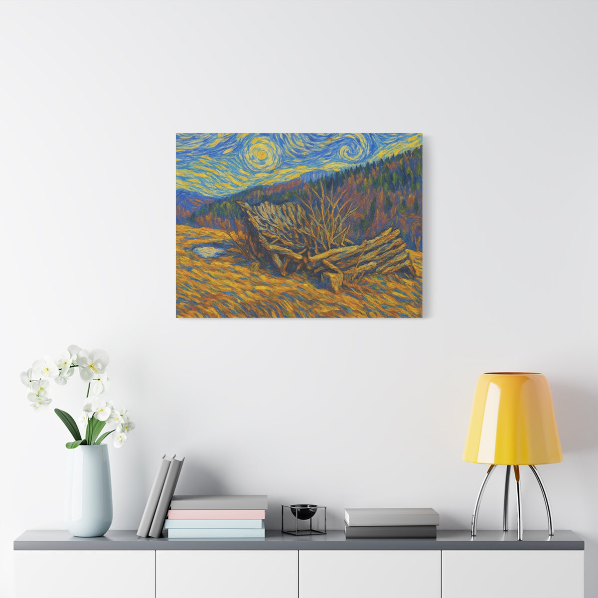 Impressionist Starry Landscape canvas print by Printify showing a vibrant night sky with stars and landscape elements.