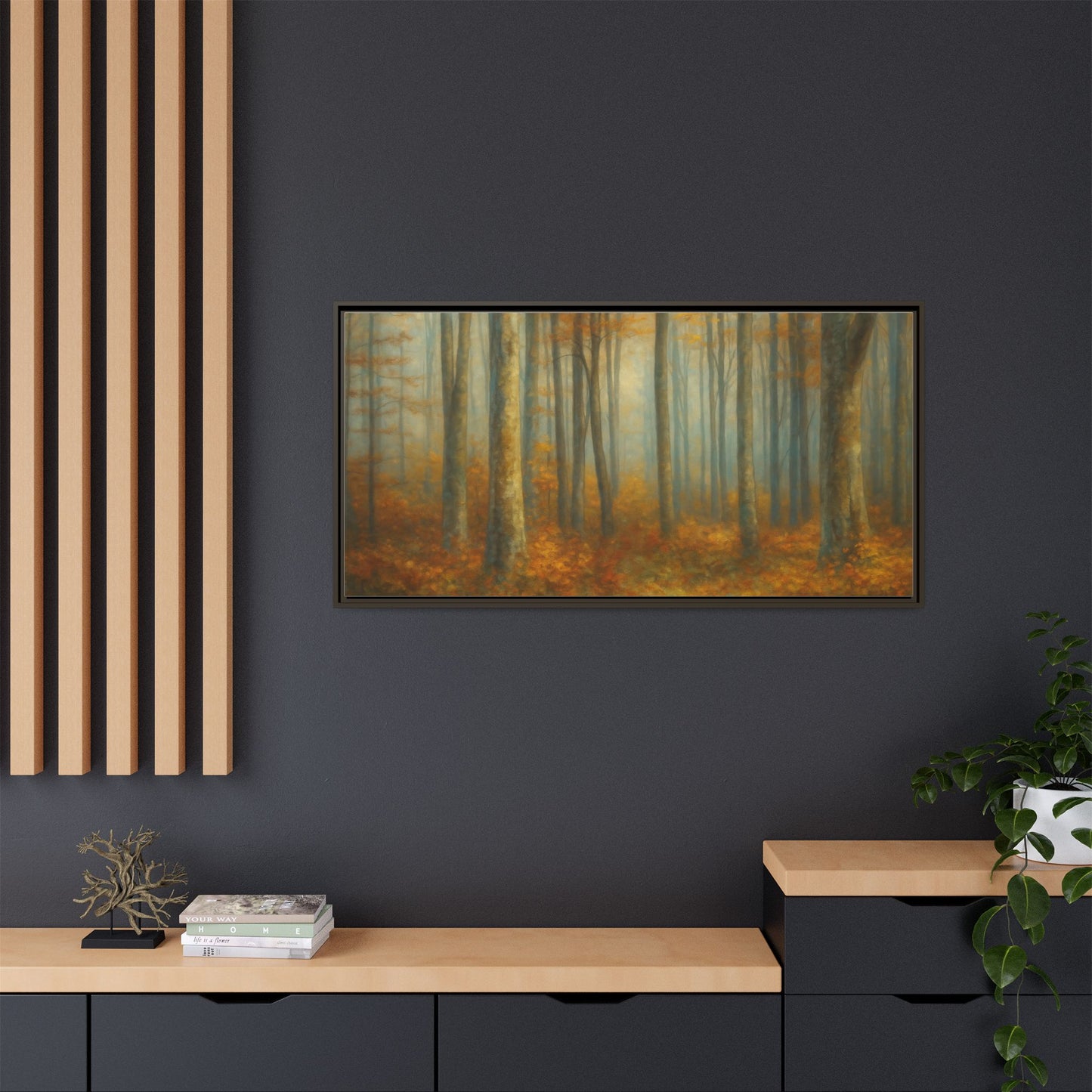 Framed autumn forest canvas print featuring misty woodland scene, wall art by Printify for nature-inspired home decor.