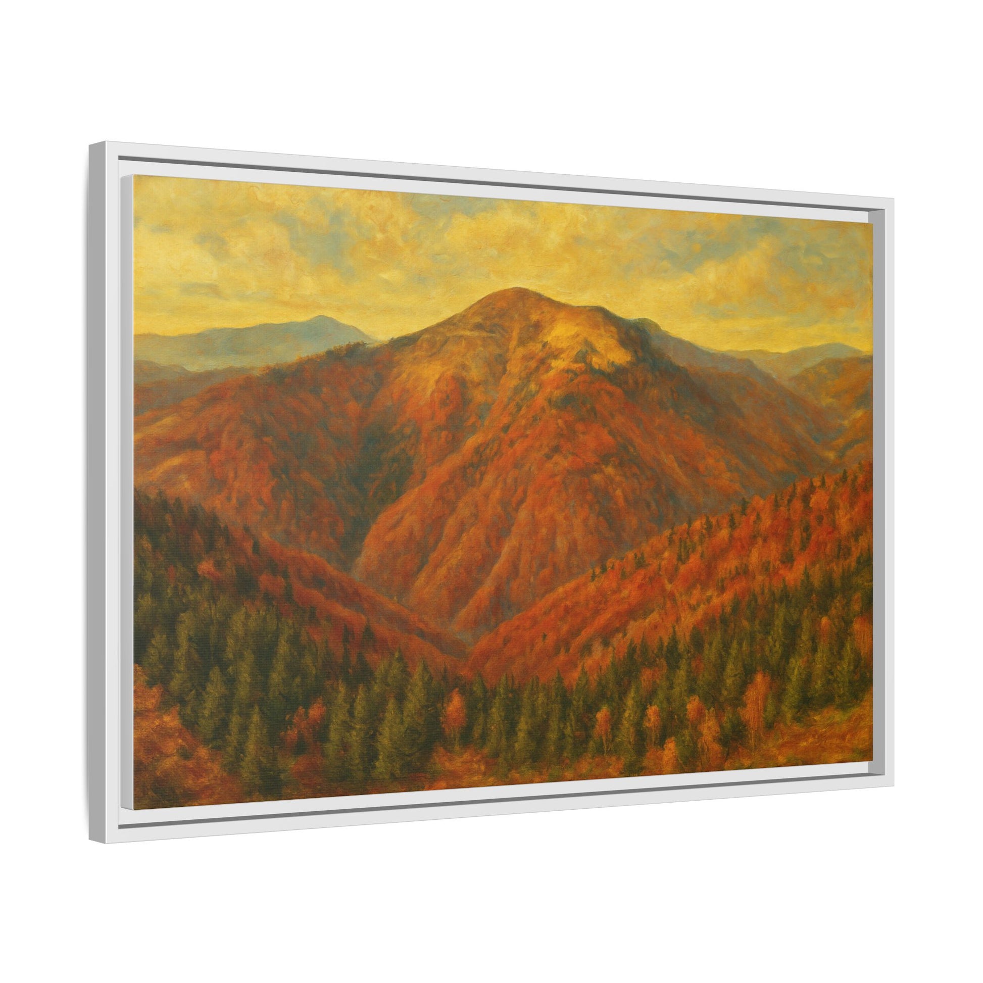 Autumn mountain matte canvas framed wall art by Printify showing a scenic mountain landscape with warm autumn colors.