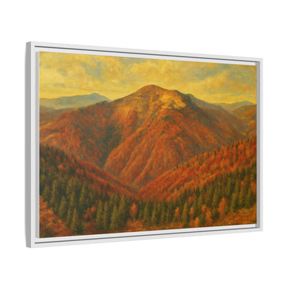 Autumn mountain matte canvas framed wall art by Printify showing a scenic mountain landscape with warm autumn colors.