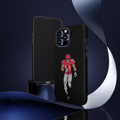 Black football player tough phone case for iPhone, protective sports-themed case with a dynamic athlete design.