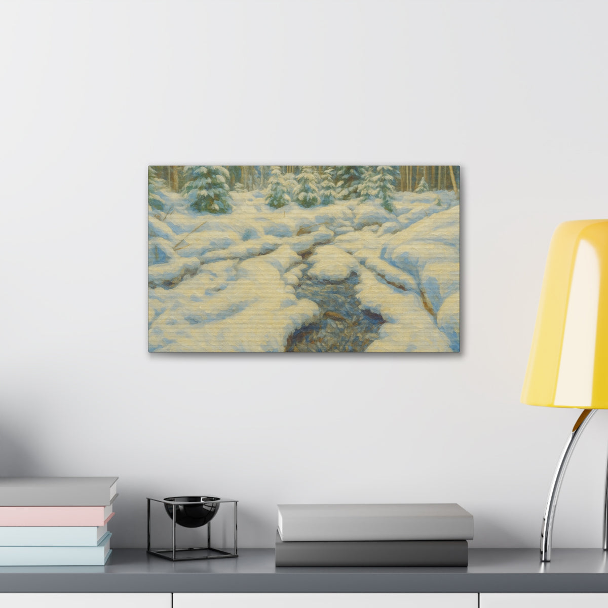 Winter landscape canvas wall art featuring a snowy forest stream scene, printed by Printify on stretched canvas.