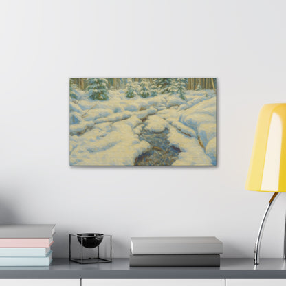 Winter landscape canvas wall art featuring a snowy forest stream scene, printed by Printify on stretched canvas.