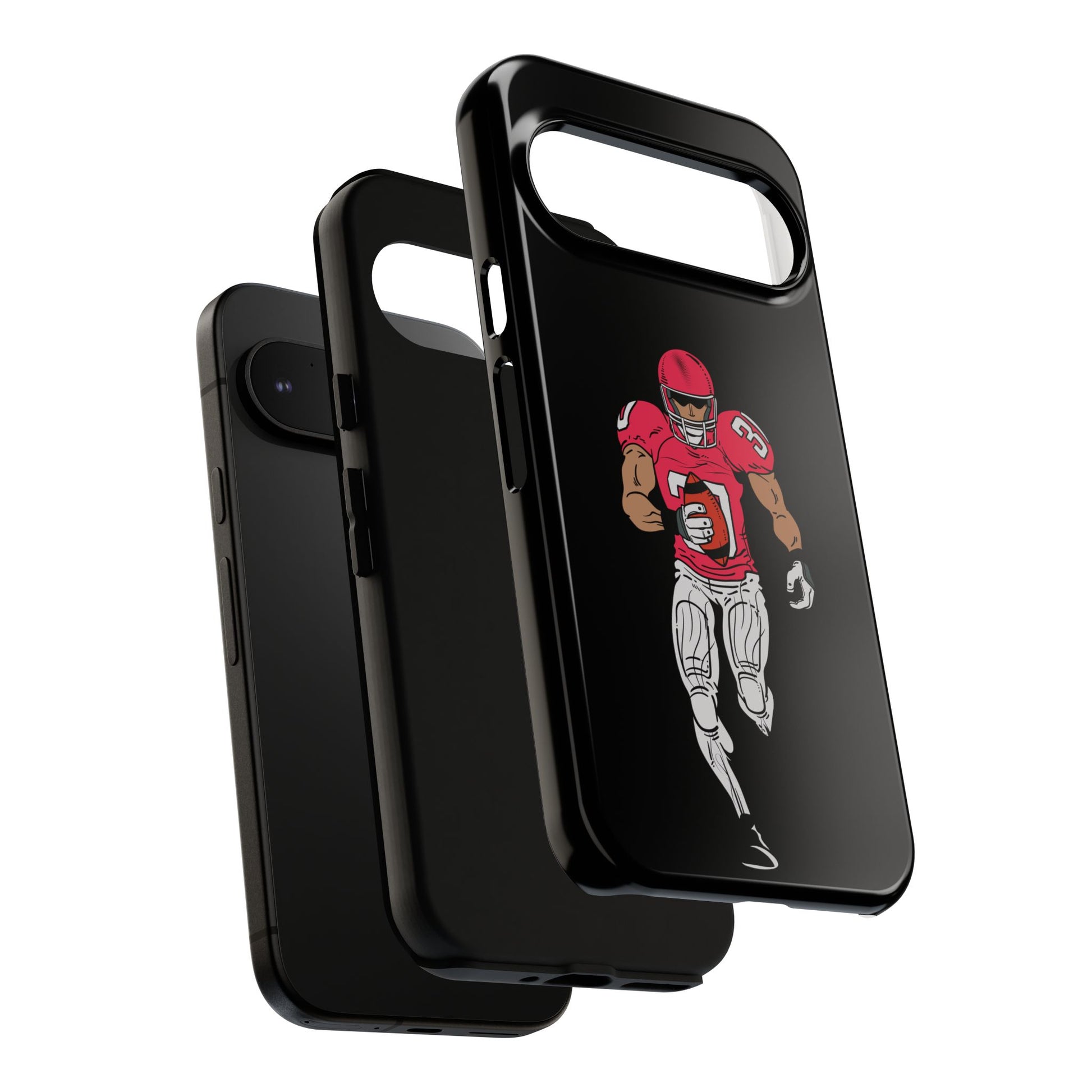 Black football player tough phone case for iPhone with protective sports design by Printify, featuring an athletic sports theme.