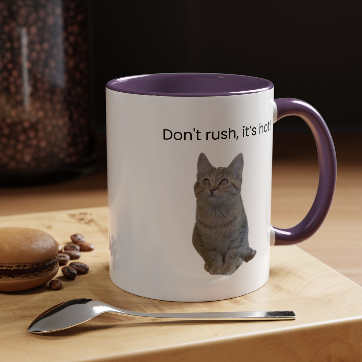 Ceramic cat coffee mug with "Don't rush, it's hot!" printed design, 11 oz size, from Printify.