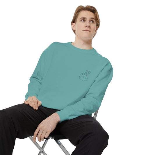 Minimalist peace hand chest line art sweatshirt by Printify, featuring a simple crewneck design in soft fabric.